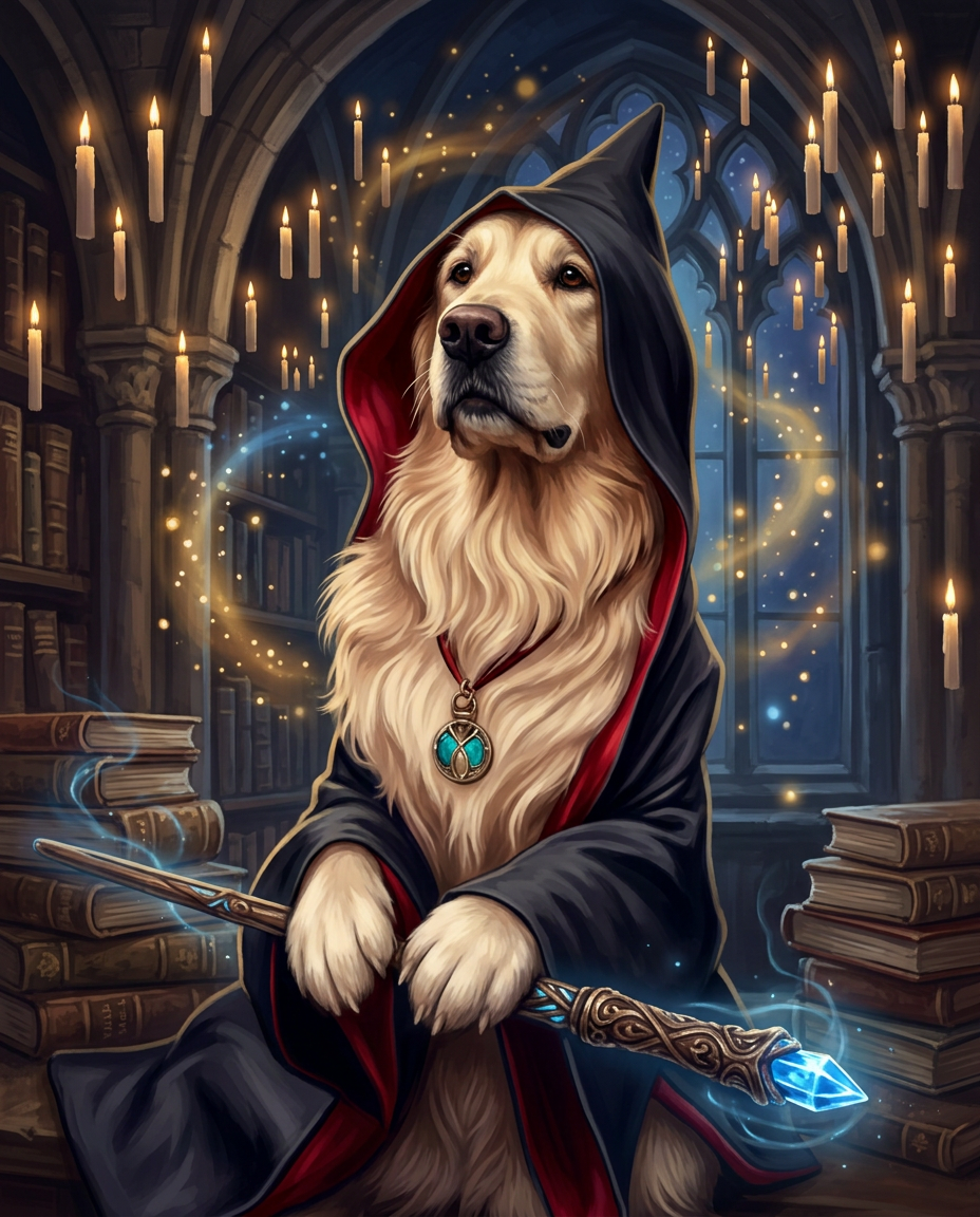 Blue the Magician, a golden retriever in a hooded cloak