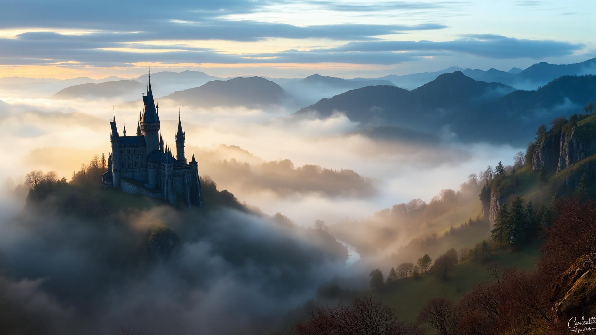 Misty mountain valley with a distant enchanted castle at dawn